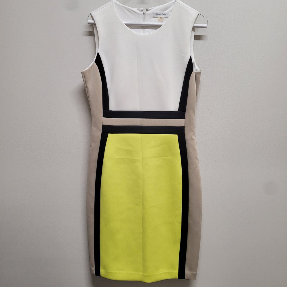 Calvin Klein Womens Colorblock Sheath Dress Neon Yellow White Tan Black Size 10